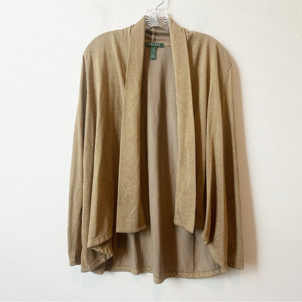Lauren Ralph Lauren Metallic Tan Khaki Brown Waterfall Front Open Cardigan Sz L